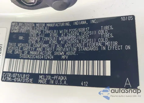 2006 Toyota Sienna Xle z USA, uszkodzony, nr VIN 5TDZA22C46S412404